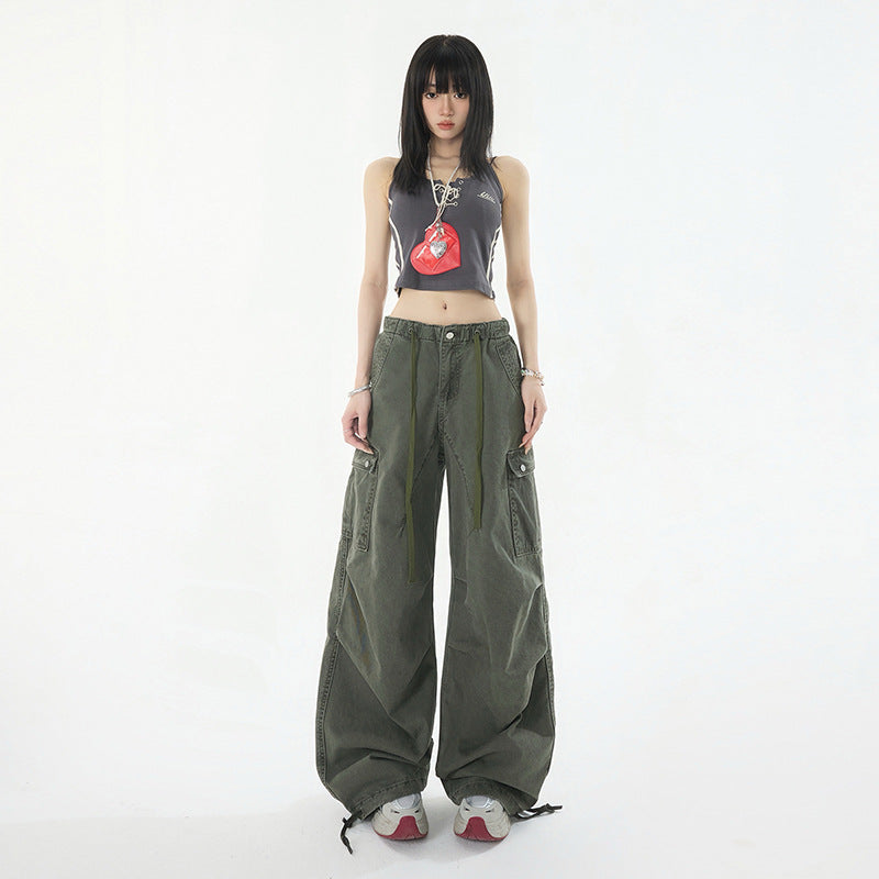 Women's Military Green Work Pants for Petite Ladies Summer Casual Wide Leg