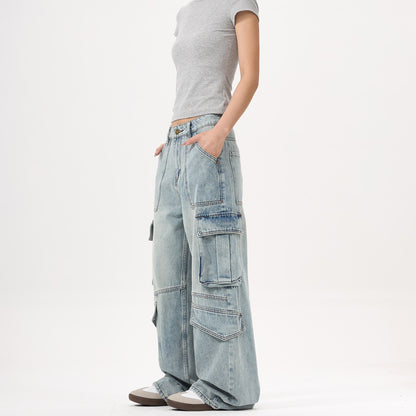 Light Wash Heavy Duty Cargo Denim Pants for Men and Women with Multiple Pockets