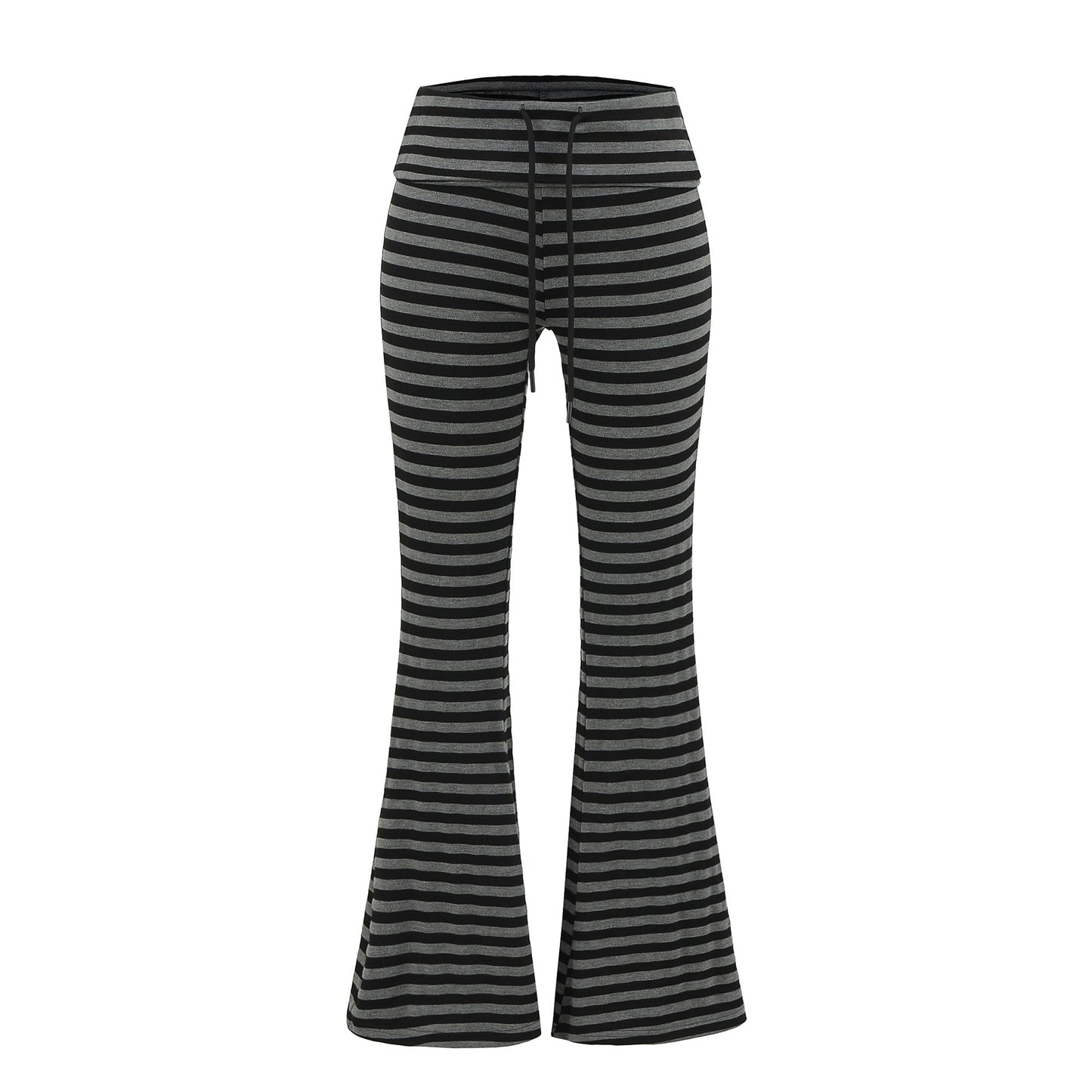 High waisted knitted flared black gray striped tight fit high waisted elastic micro flared pants