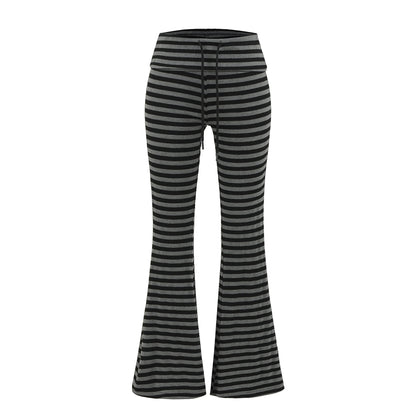 High waisted knitted flared black gray striped tight fit high waisted elastic micro flared pants