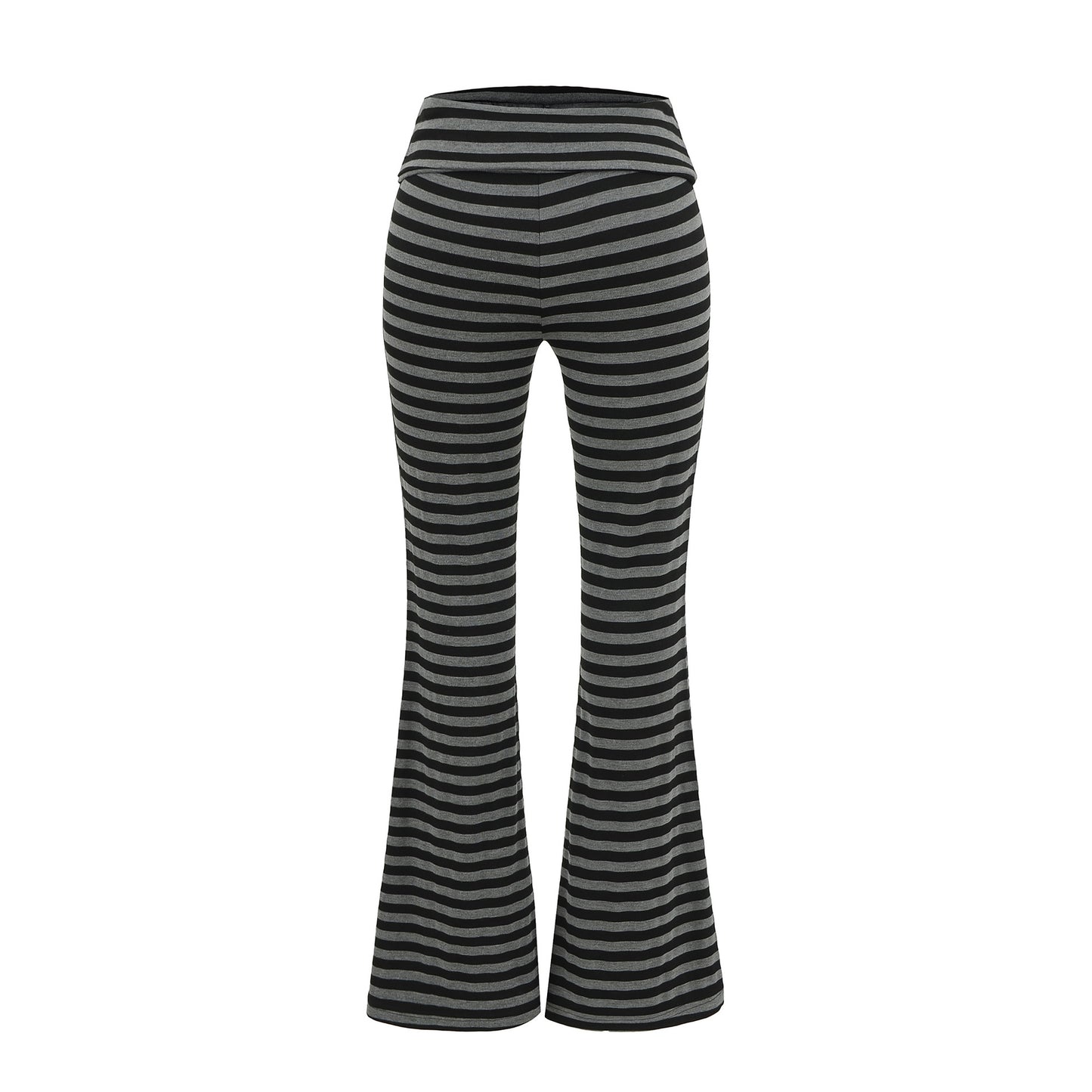 High waisted knitted flared black gray striped tight fit high waisted elastic micro flared pants