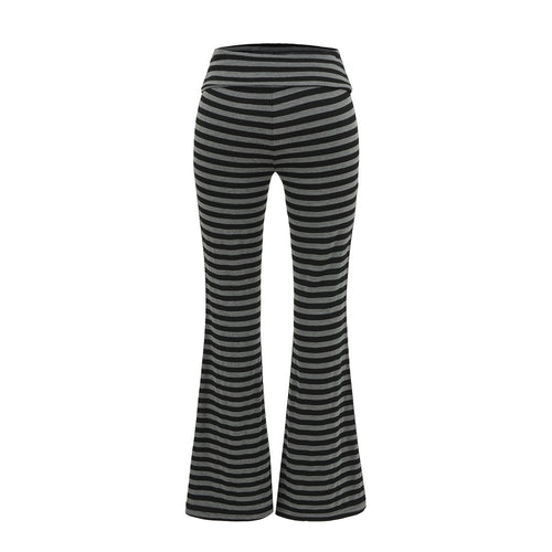 High waisted knitted flared black gray striped tight fit high waisted elastic micro flared pants