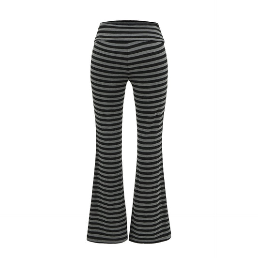 High waisted knitted flared black gray striped tight fit high waisted elastic micro flared pants