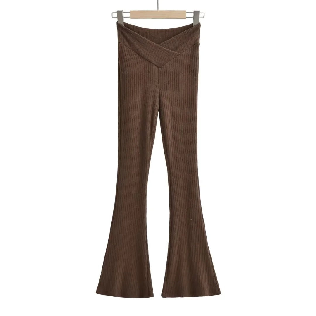 V-shaped high waisted elastic hip hugging micro flared pants