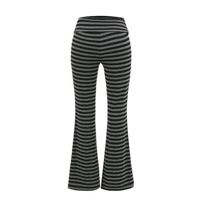 High waisted knitted flared black gray striped tight fit high waisted elastic micro flared pants