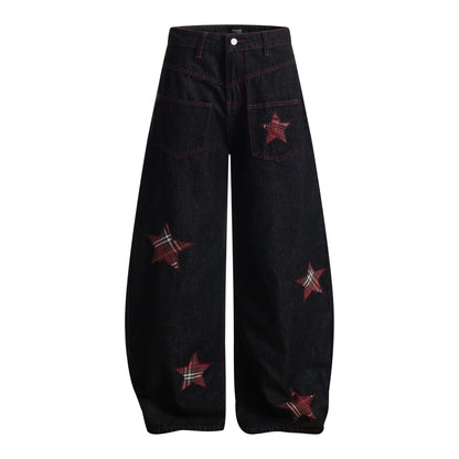 High Street Striped Star Patchwork Wide-Leg Jeans for Men and Women Loose Fit Trousers