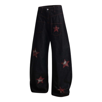 High Street Striped Star Patchwork Wide-Leg Jeans for Men and Women Loose Fit Trousers