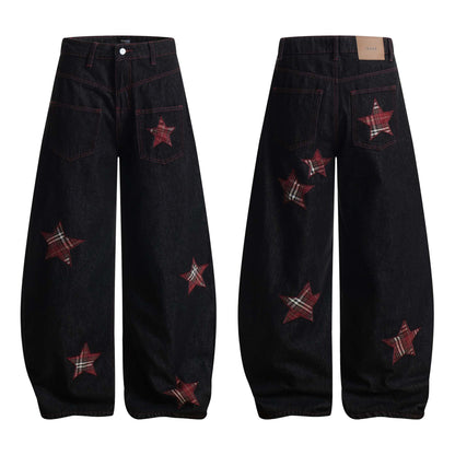 High Street Striped Star Patchwork Wide-Leg Jeans for Men and Women Loose Fit Trousers