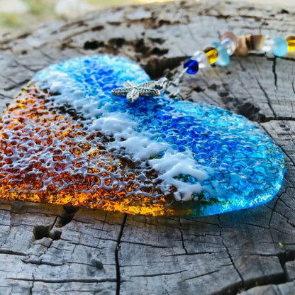 Ocean-Heart-Beach Suncatcher-Turquoise-Starfish-Seashells-Glass-Prism